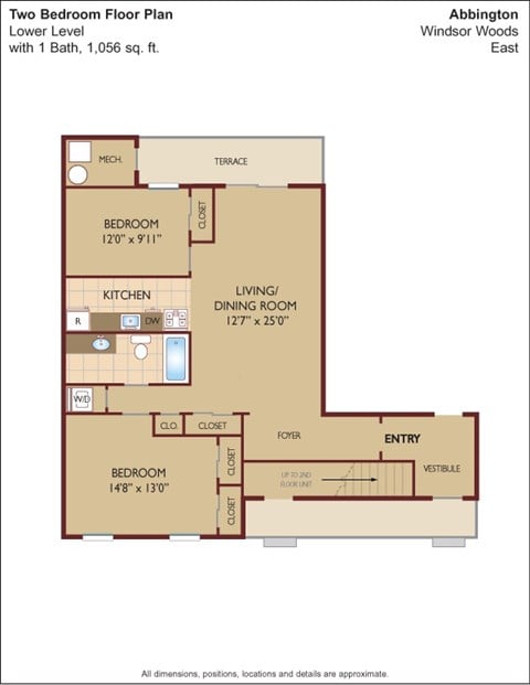 Floor plan for 2 beds, 1 bath, 1021 sqft